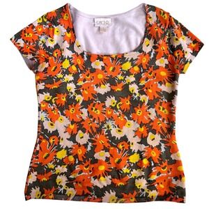 Cache Floral Knit Top Womens M Orange Yellow Silk Blend Square Neck Retro 90's
